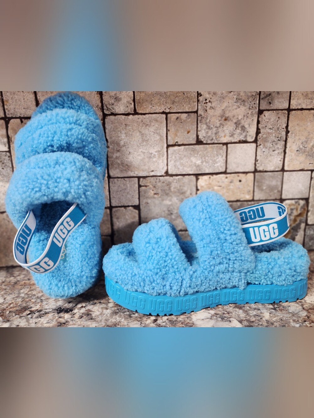 UGG Fluffy Double-Band Slides in Bright Blue